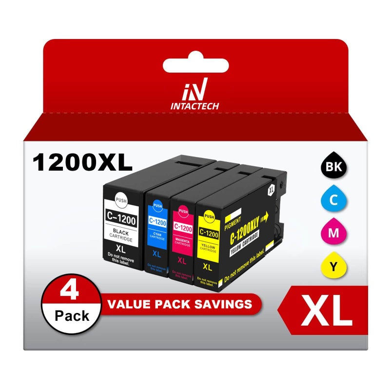 IN INTACTECH PGI-1200XL Compatible Ink Cartridges Replacement for Canon MB2320 MB2720 MB2700 PGI-1200 XL 1200 Pigment for Maxify MB2720 MB2320 MB2020 MB2120 Printer (1 Black, 1 Cyan, 1 Magenta, 1 Yellow, 4-Pack) - Image 1